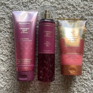 Bath & Body Works Champagne Apple & Honey Body Cream, Spray, and Scrub set